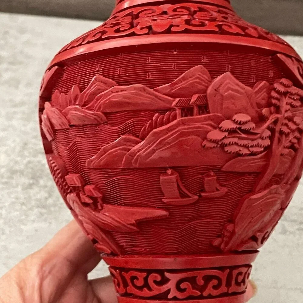 Vintage Red Cinnabar Blue Enamel Brass Hand Carved Lacquer Medium Vase 8.25